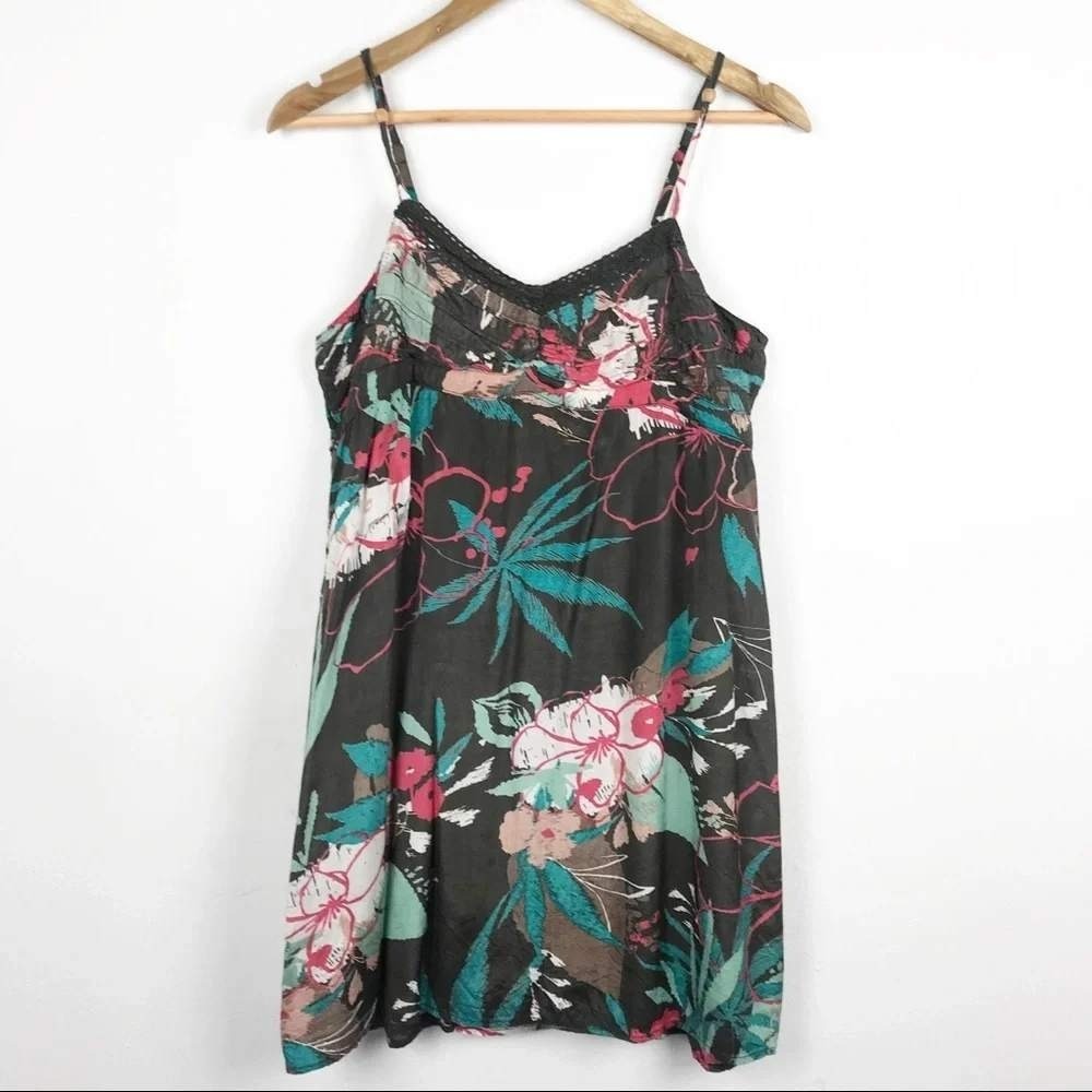 Rip Curl Women Floral Tropical Mini Dress Medium Black Pink Teal Viscose Boho